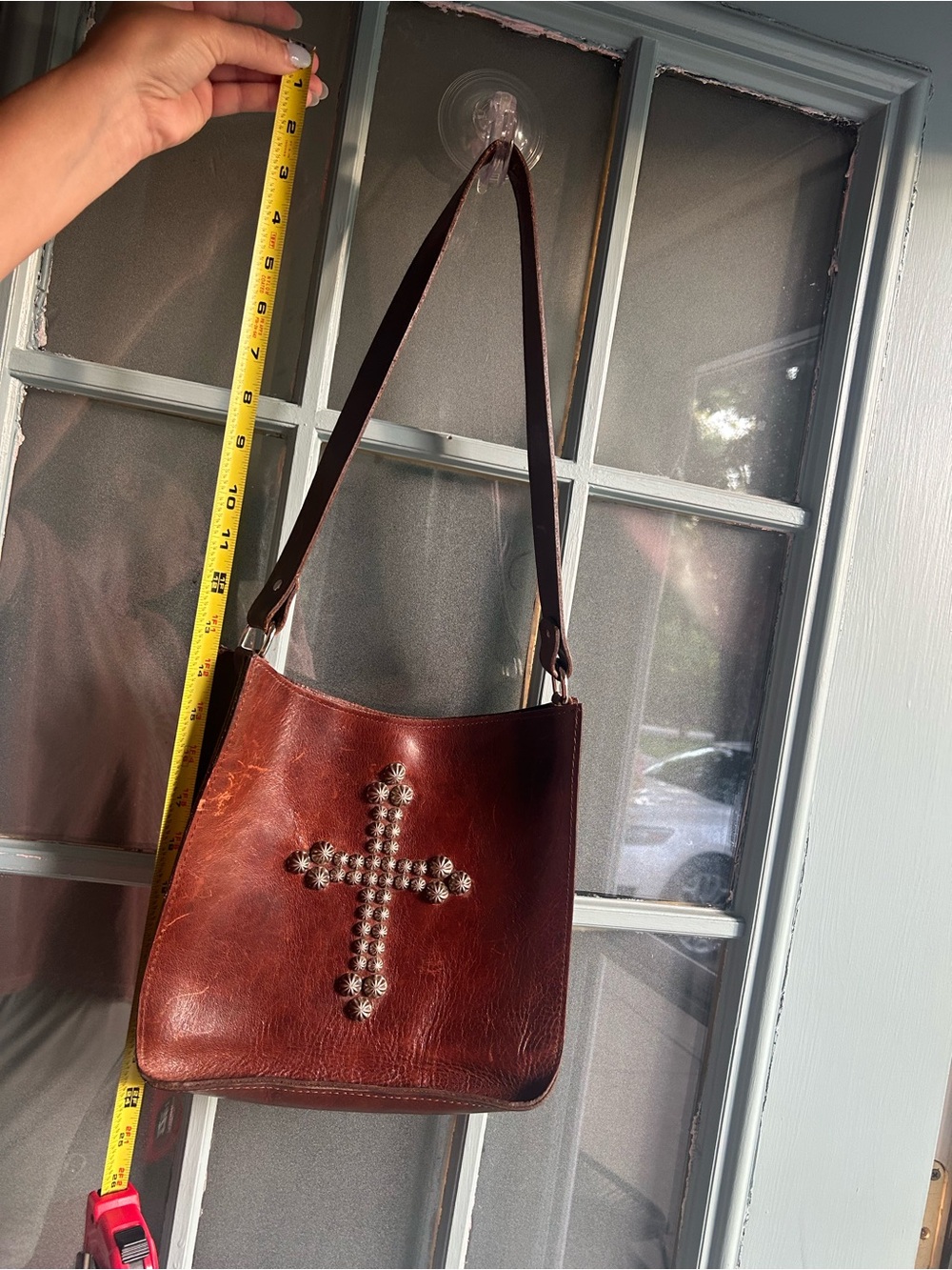 Two Bar West Western Leather Handbag Silver Studded Cross Brown Shoulder Purse - Picture 11 of 11